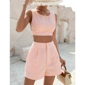 Shein Vcay Size XS Peach Gingham Matching Set Crop Top Shorts NWT Summer Outfit